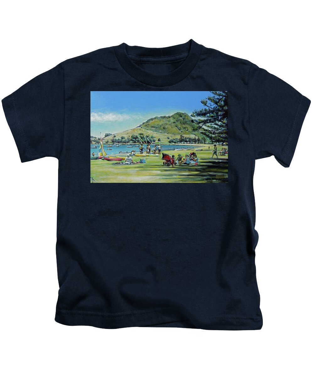 Beach Kids T-Shirt featuring the painting Mt Maunganui Pilot Bay 201210 2 by Selena Boron