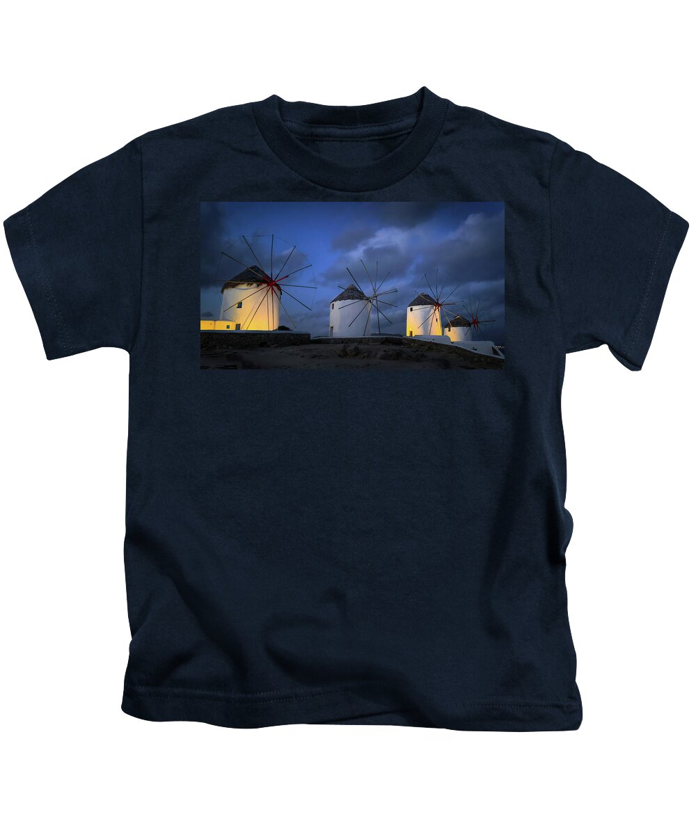 Mykonos Windmills Kids T-Shirt featuring the photograph Mykonos Windmills by Rebecca Herranen