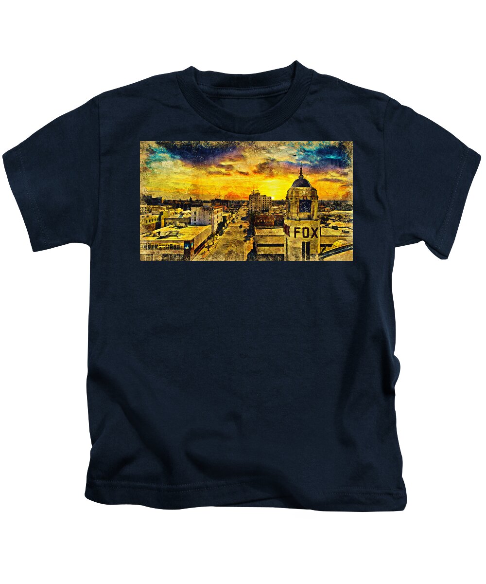 Bakersfield Kids T-Shirt featuring the digital art Panorama of downtown Bakersfield, California - digital painting by Nicko Prints