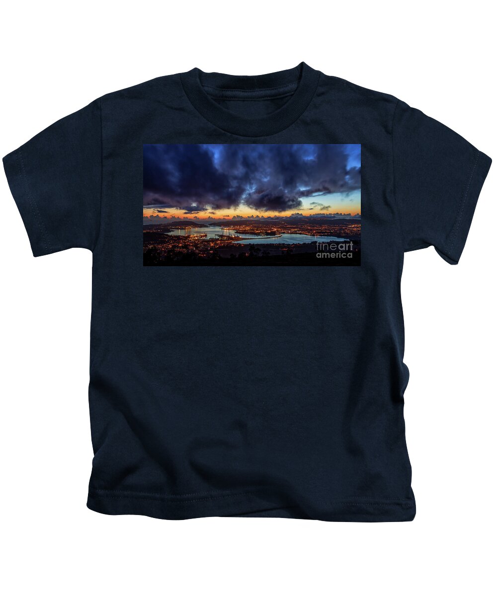 Port Kids T-Shirt featuring the photograph Panoramic View of Ferrol Estuary with Bridge and Shipyards Stormy Sky at Dusk La Corua Galicia by Pablo Avanzini