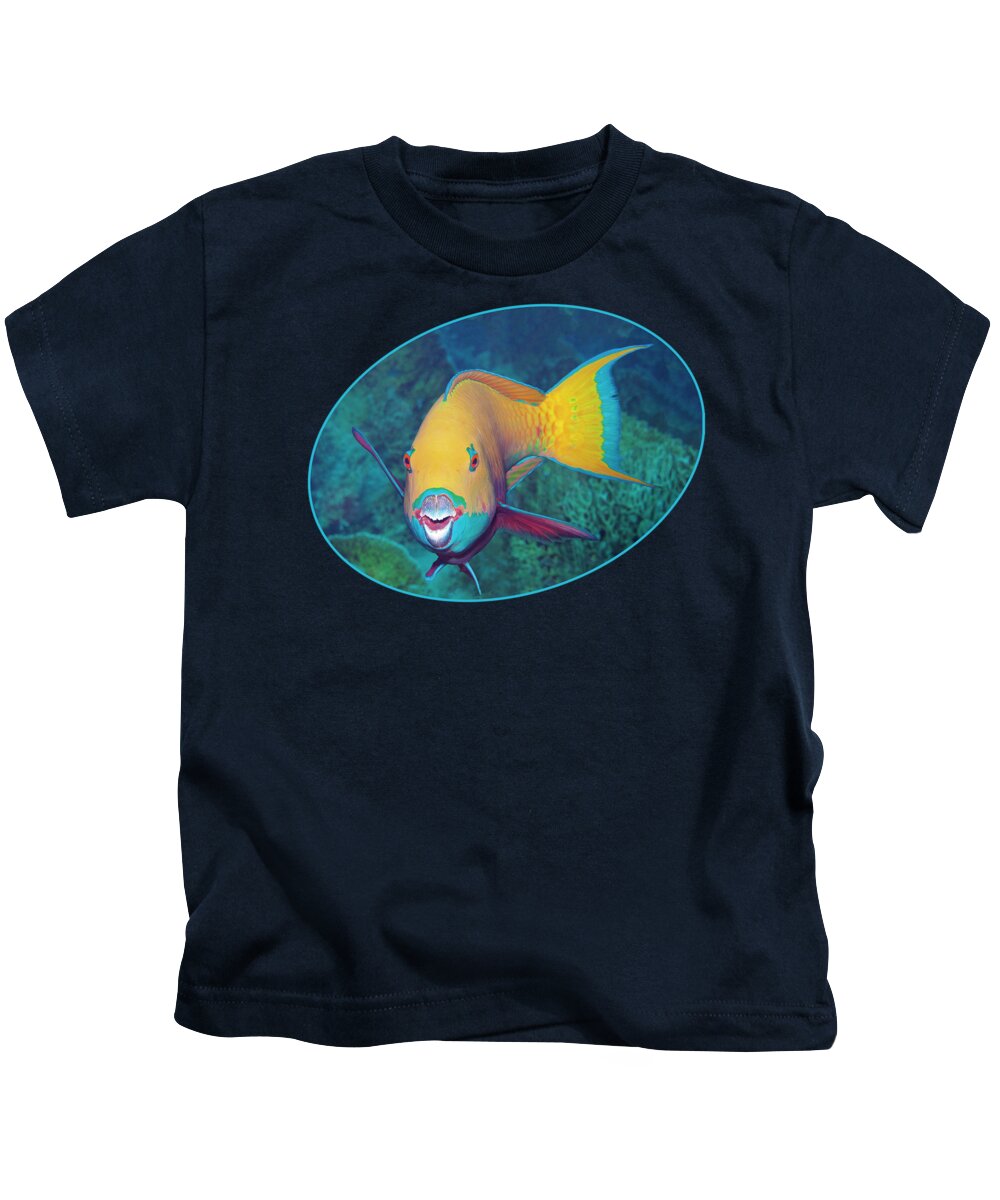 Heavybeak Parrotfish Kids T-Shirt featuring the photograph Parrotfish with eye-catching make-up at coral reef - by Ute Niemann