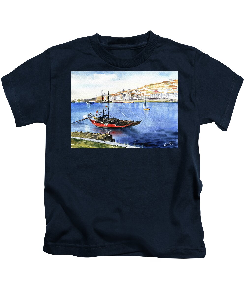 Porto Kids T-Shirt featuring the painting Rabelo Boats With Porto View by Dora Hathazi Mendes