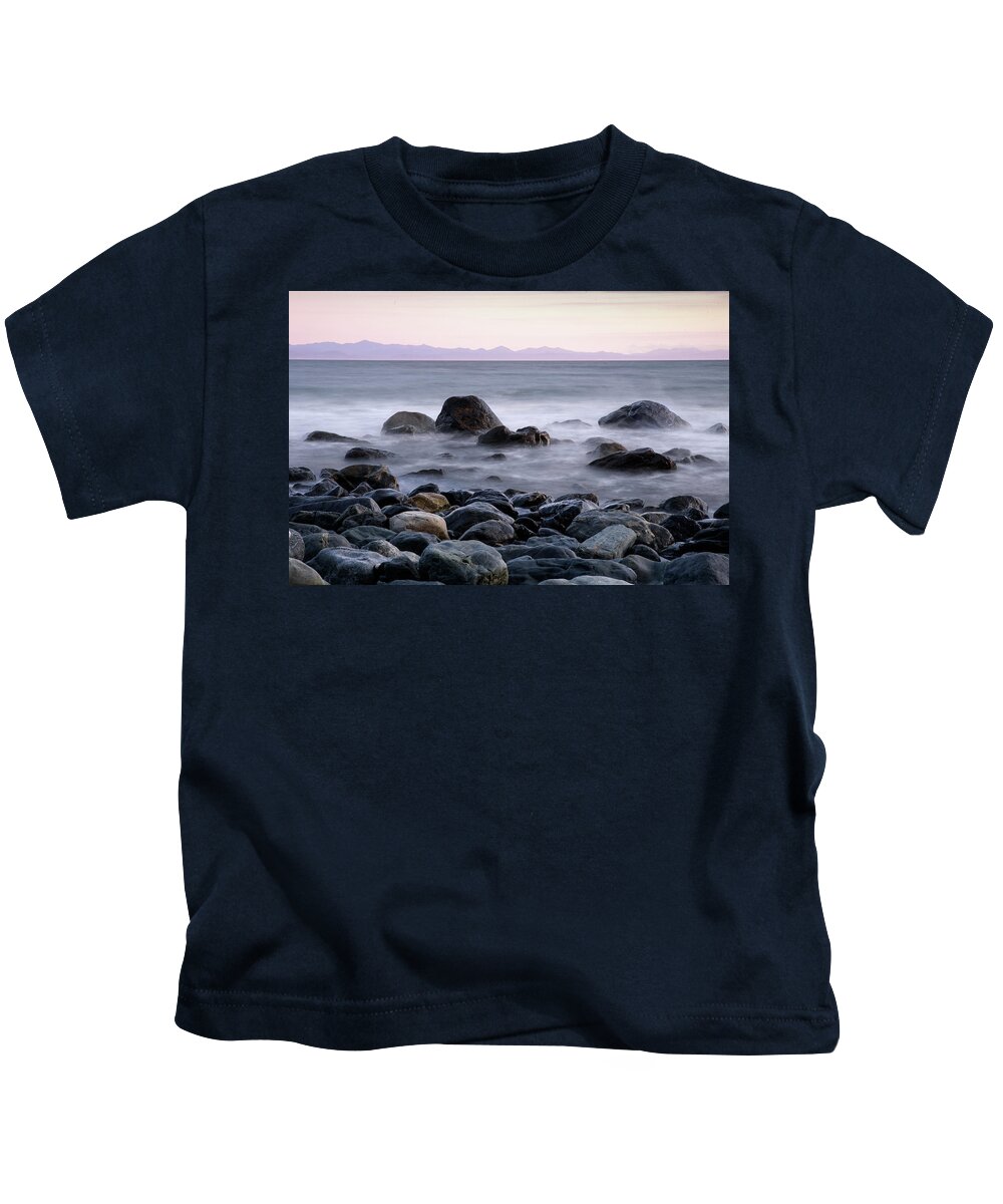 Mist Kids T-Shirt featuring the photograph Rocky Beach at Sunset by Naomi Maya