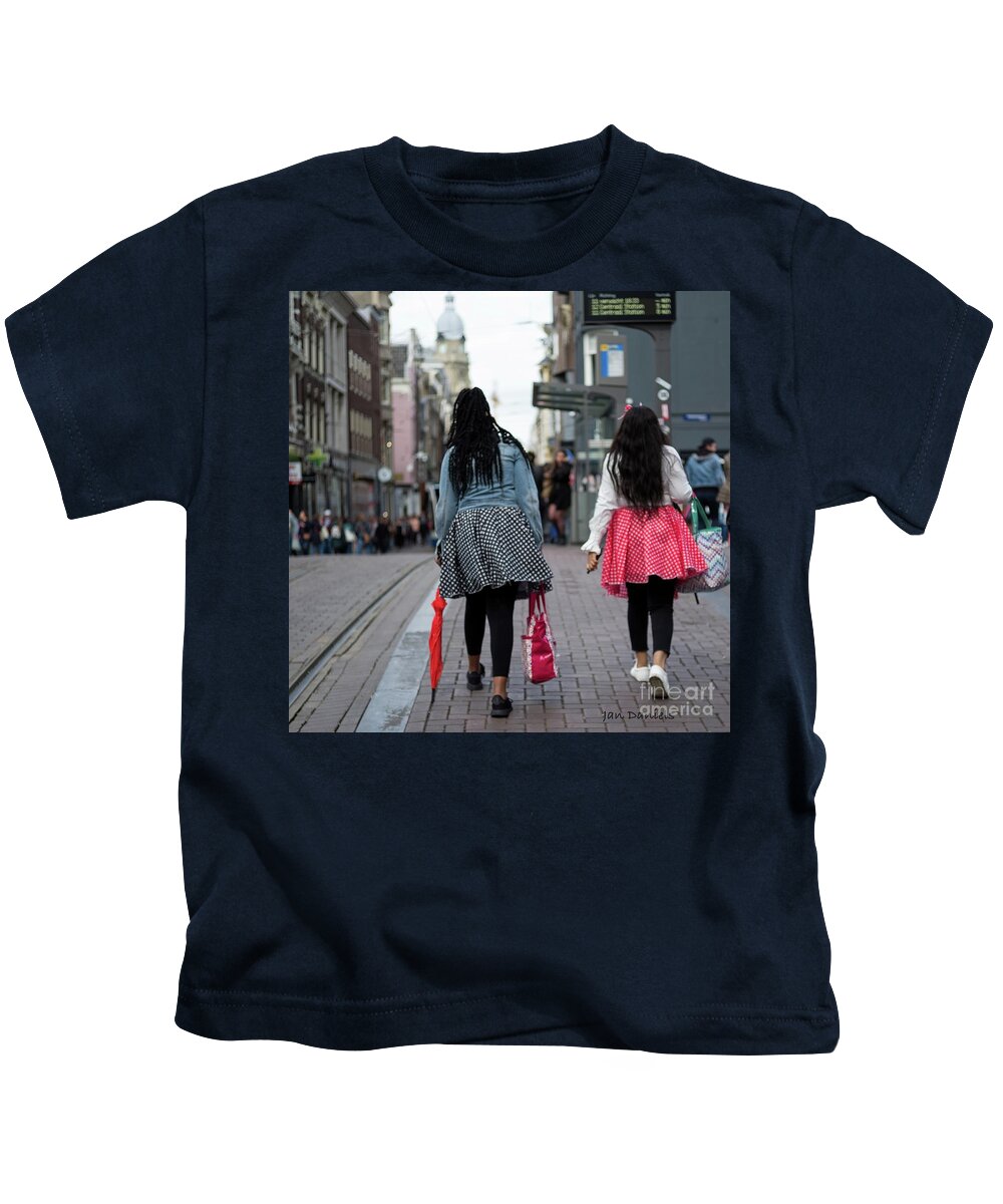 People Kids T-Shirt featuring the photograph Sisters walking in Amsterdam by Jan Daniels