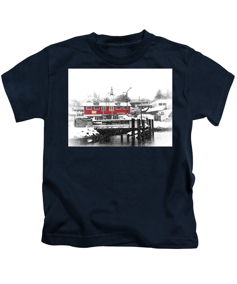 Selective Color Kids T-Shirt featuring the photograph Snowing Poulsbo Waterfront by Jerry Abbott