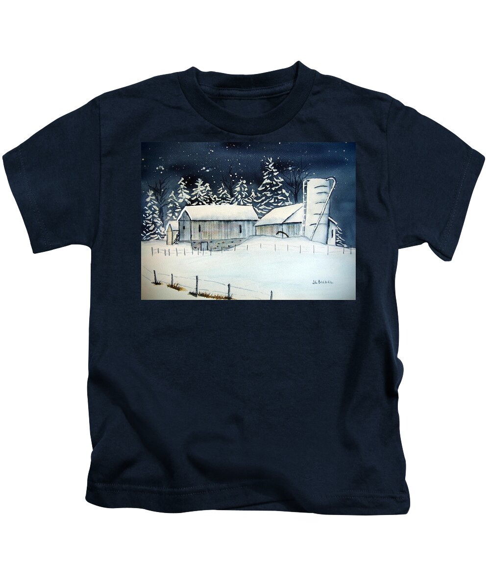Barn Kids T-Shirt featuring the painting Snowy Winter Night by Jacquelin Bickel
