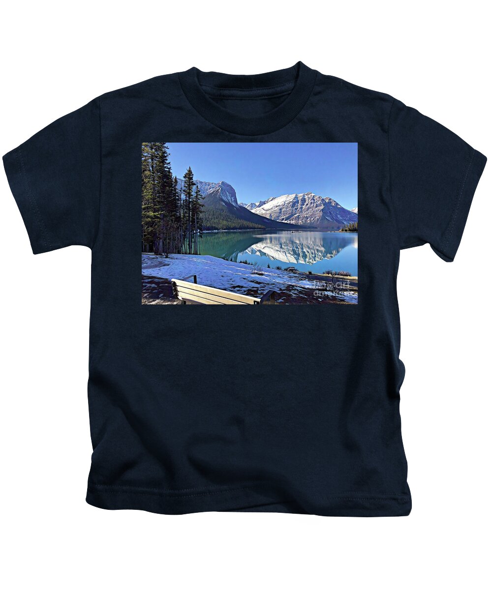 Water Of The Spirits In Nakoda Kananaskis Upper Lake Canada Canadian Rockies Kids T-Shirt featuring the mixed media Spirits of the water by Marie Conboy
