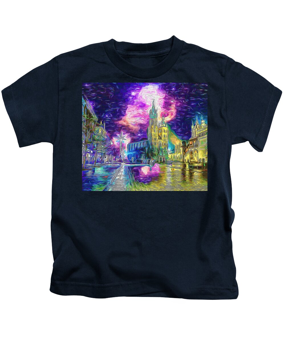 Paint Kids T-Shirt featuring the painting Starry night in Krakow by Nenad Vasic