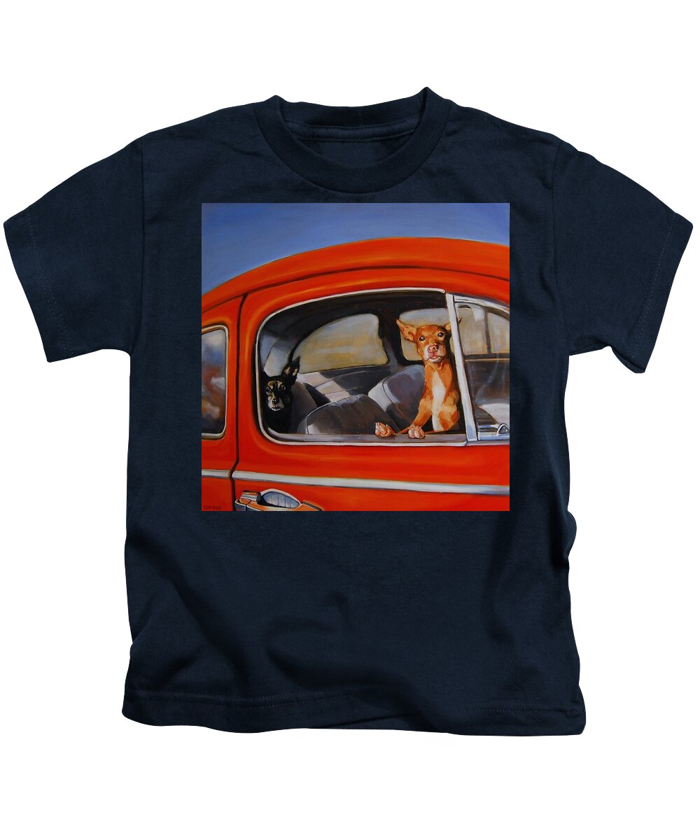 Dogs Kids T-Shirt featuring the painting If We're Such Good Boys Why Did You Leave Us In The Car by Jean Cormier