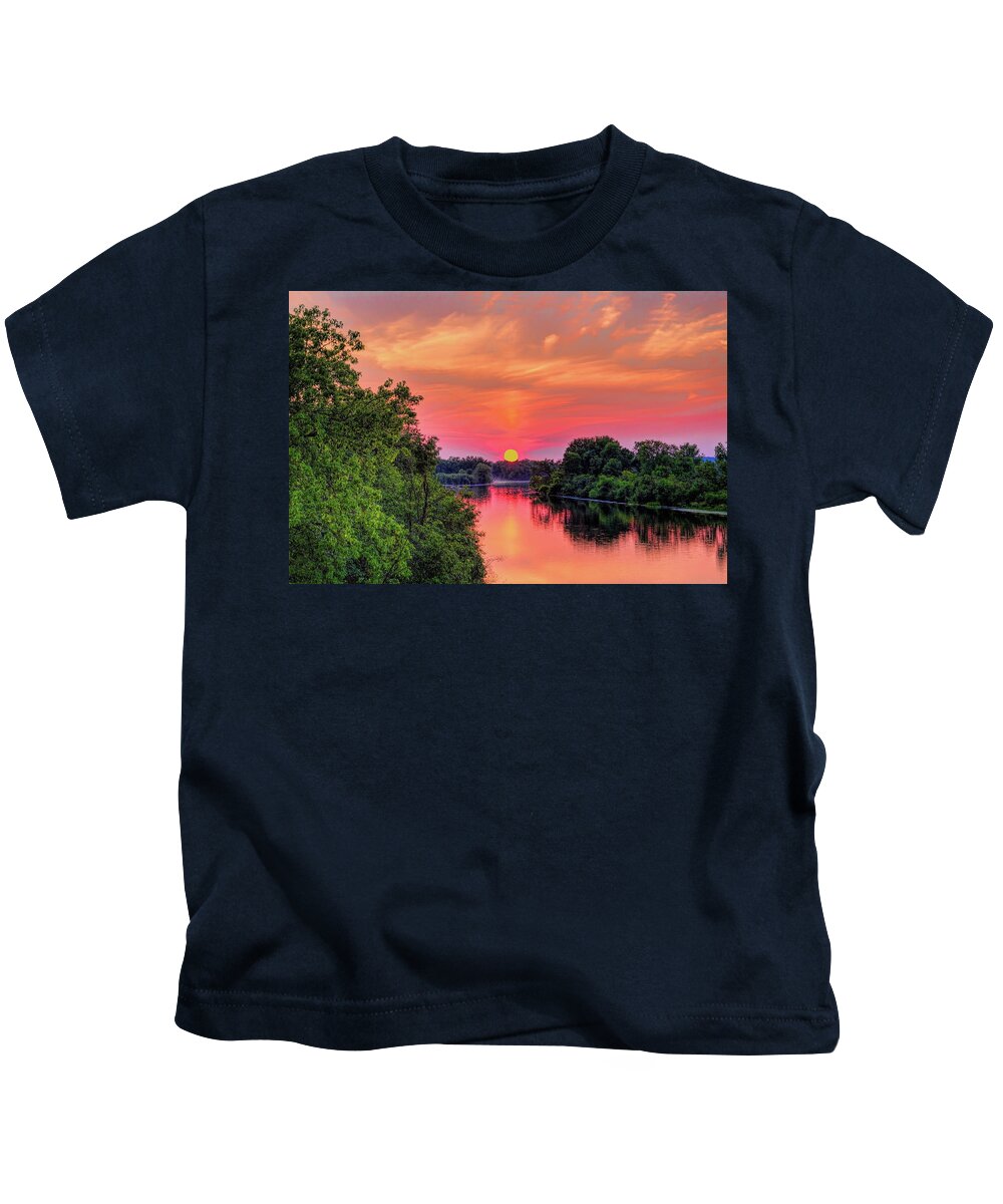 Wausau Kids T-Shirt featuring the photograph Sun Hanging Over The Rib River by Dale Kauzlaric