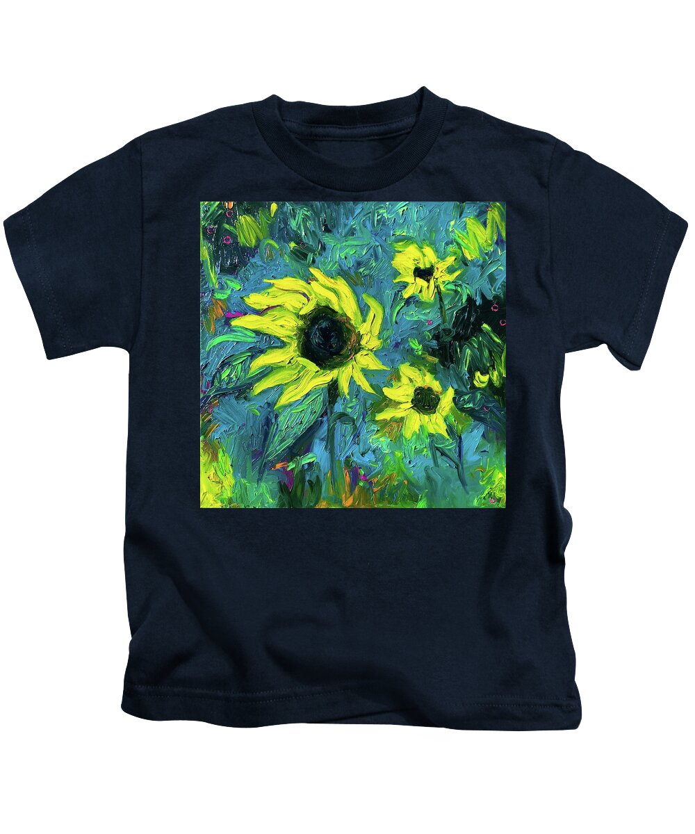 Sunflowers Kids T-Shirt featuring the painting Sunflowers on teal by Chiara Magni