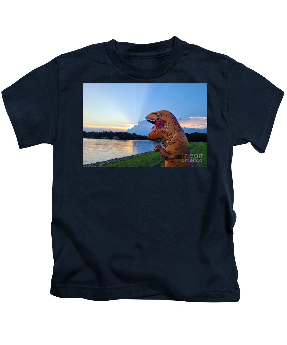 T-rex Kids T-Shirt featuring the photograph Tedisaurus by the lake at sunset by Elena Pratt