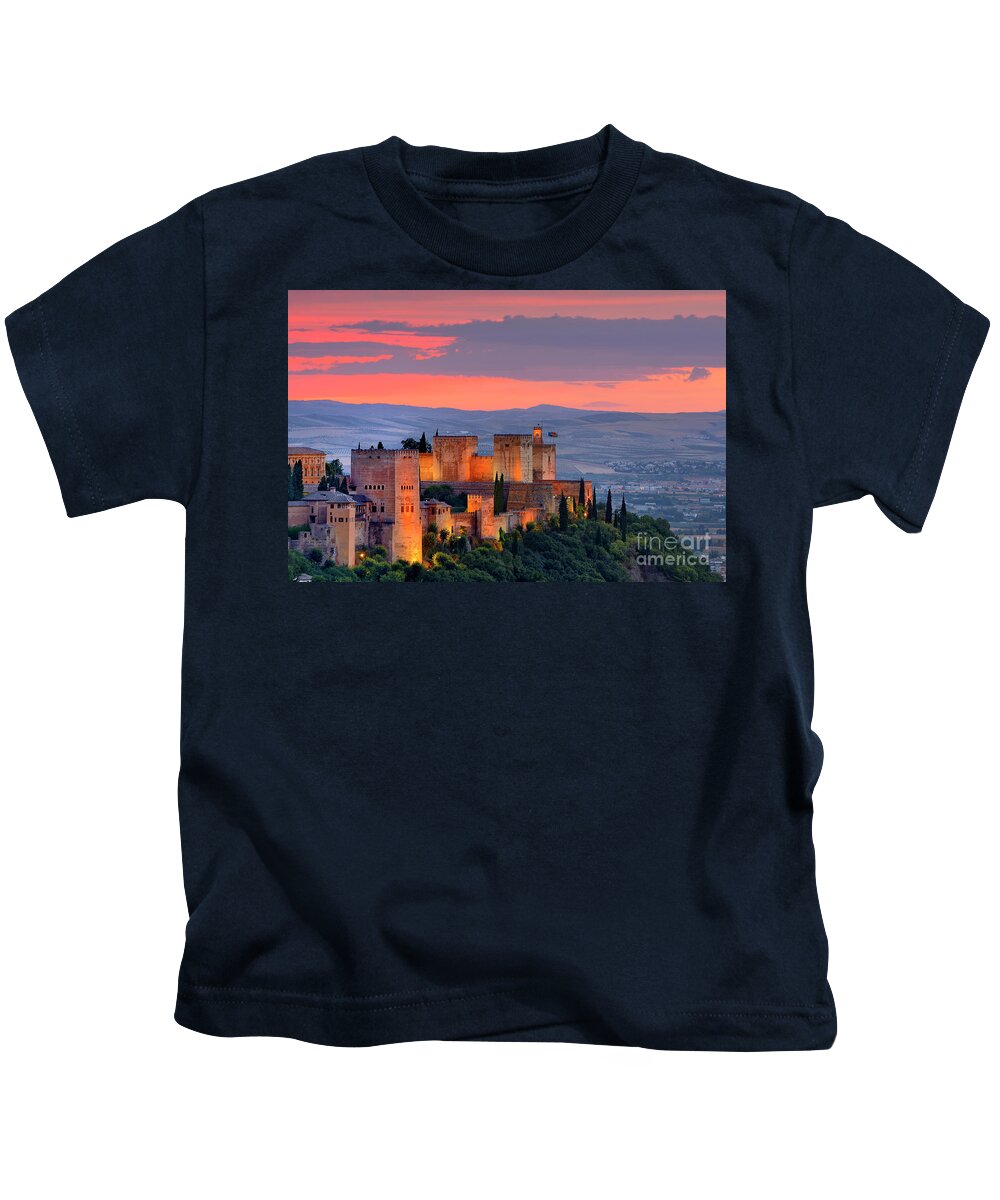 The Alhambra Kids T-Shirt featuring the photograph The alhambra at sunset by Guido Montanes Castillo
