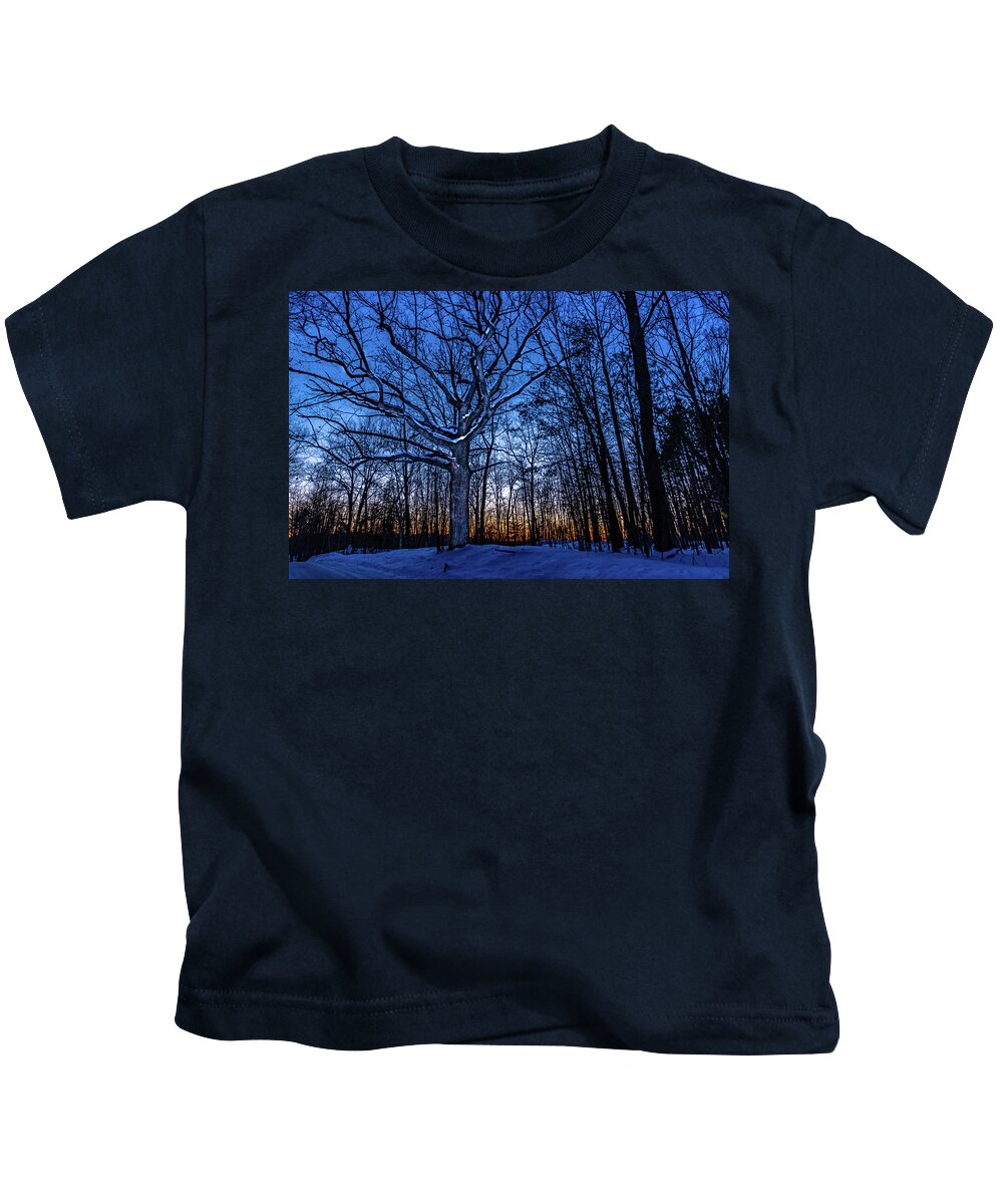 Landscape Kids T-Shirt featuring the photograph The Sunset, the snow and the old tree by Nathan Wasylewski