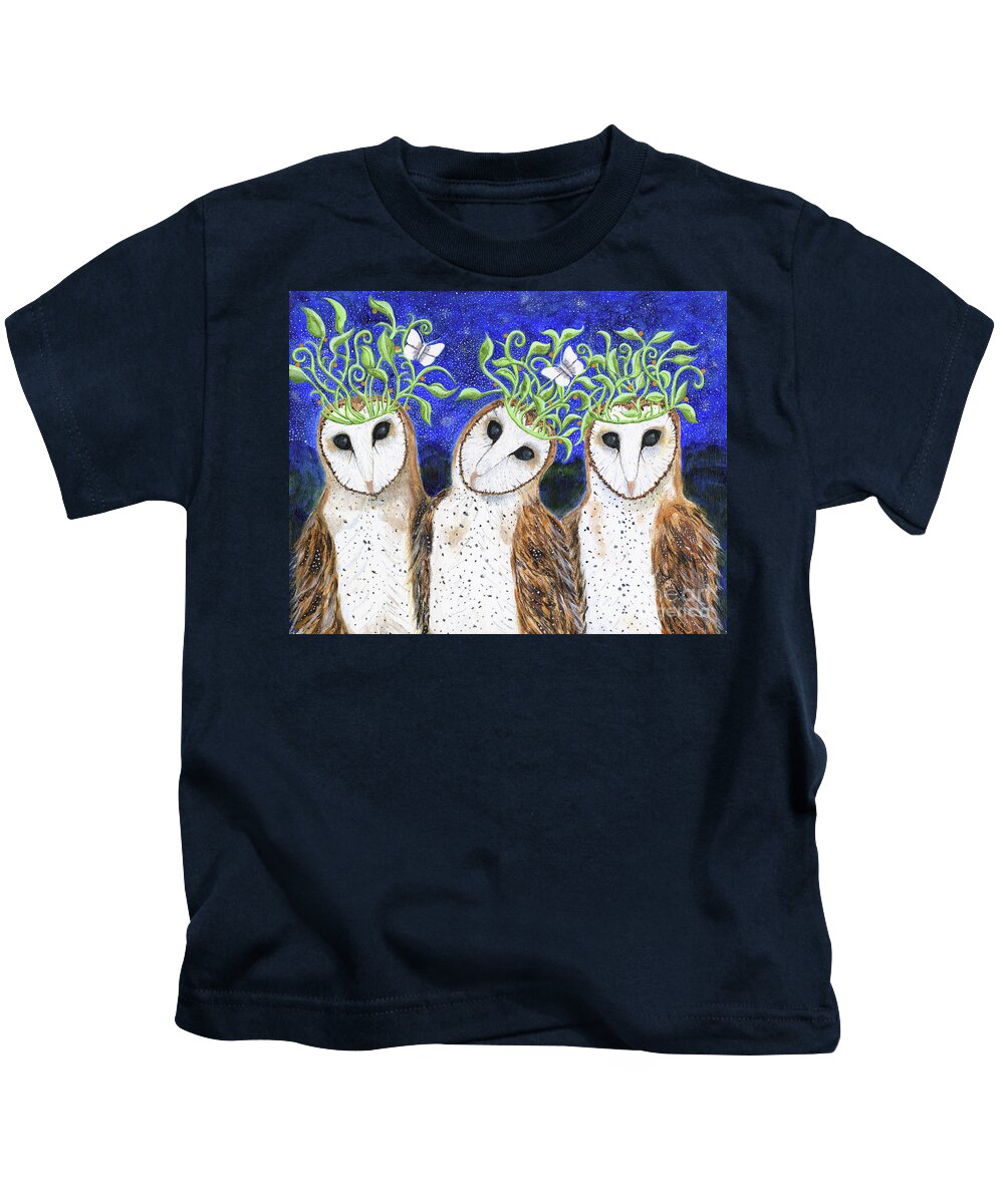 Owls Kids T-Shirt featuring the painting The Three Kings, an owl painting by Lise Winne