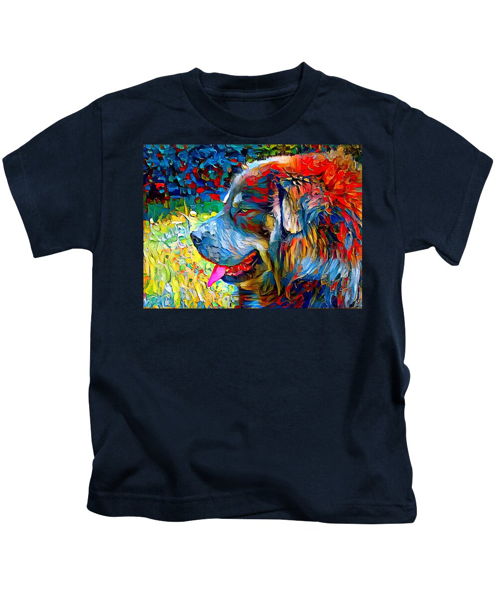 Tibetan Mastiff Kids T-Shirt featuring the digital art Tibetan Mastiff dog sitting profile with its mouth open - colorful palette knife oil texture by Nicko Prints
