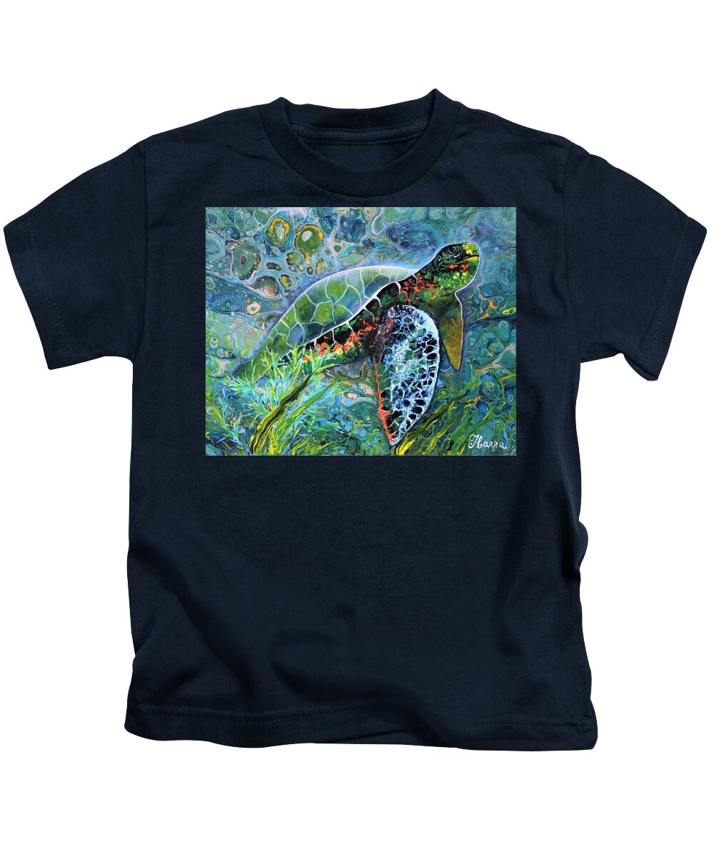 Turtle Wall Art Home Decor Ocean Water Blue Water Abstract Painting Pouring Art Acrylic Painting Gallery Painting On Canvas Art For Sale Kids T-Shirt featuring the painting Turtle by Tanya Harr