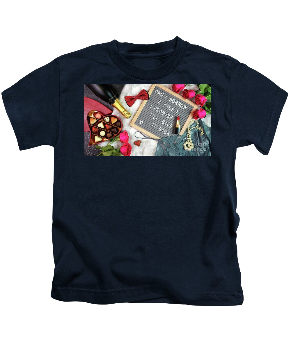 Valentine Kids T-Shirt featuring the photograph Valentine's Day flat lay with roses, champagne and letterboard. by Milleflore Images