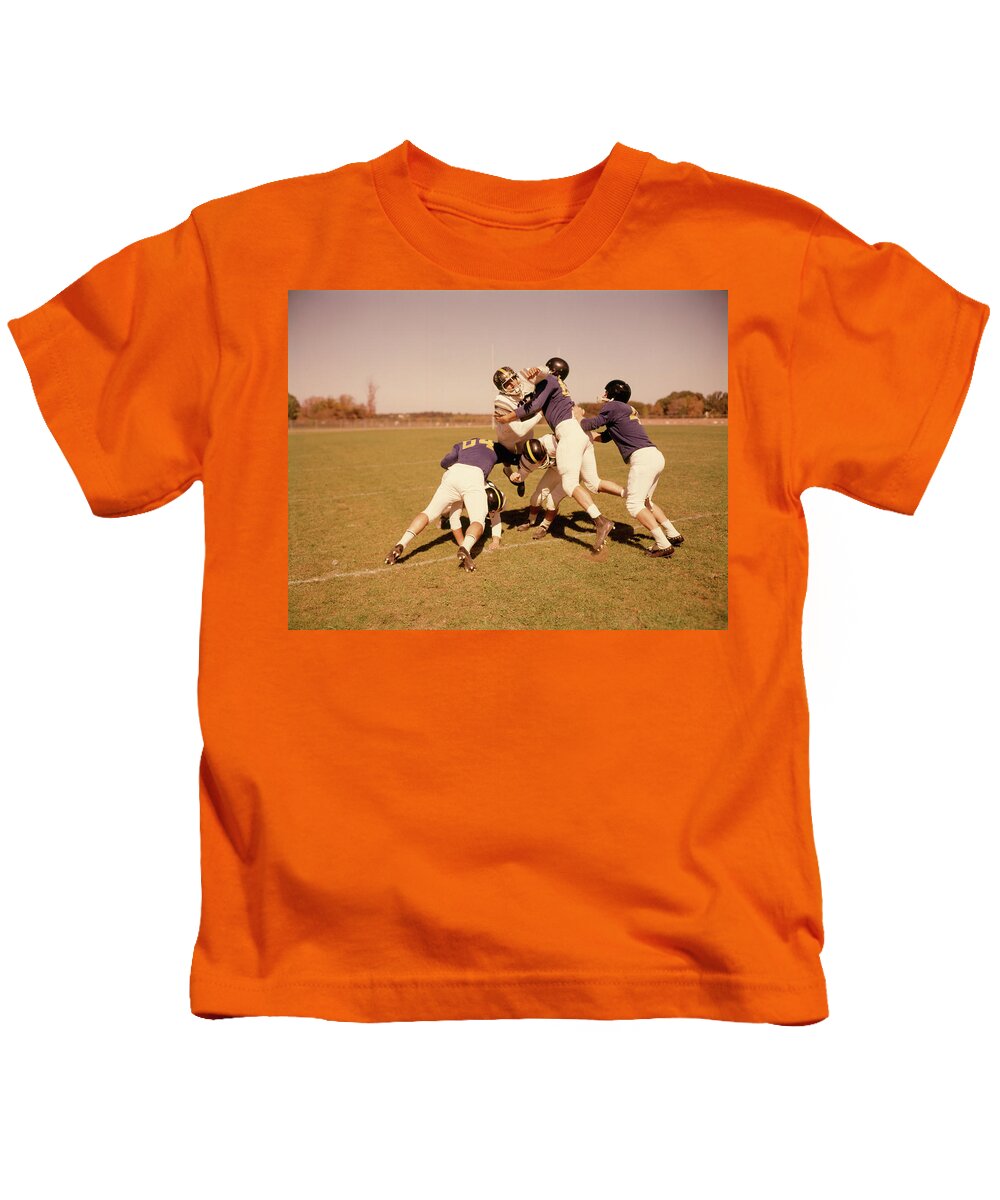 Photography Kids T-Shirt featuring the photograph 1960s 6 Football Players Field Play by Vintage Images