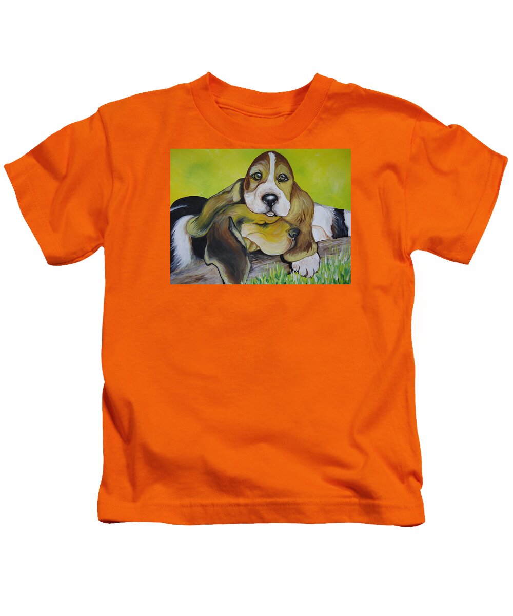 Bassett Hound Kids T-Shirt featuring the painting Bassett Hound Pups by Leslie Manley