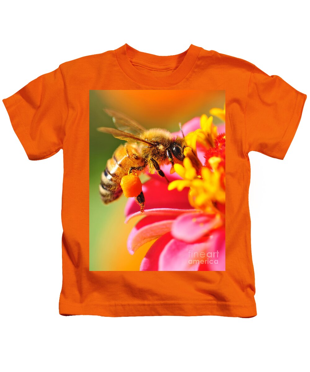 Bee Laden With Pollen Kids T-Shirt featuring the photograph Bee Laden with Pollen by Kaye Menner