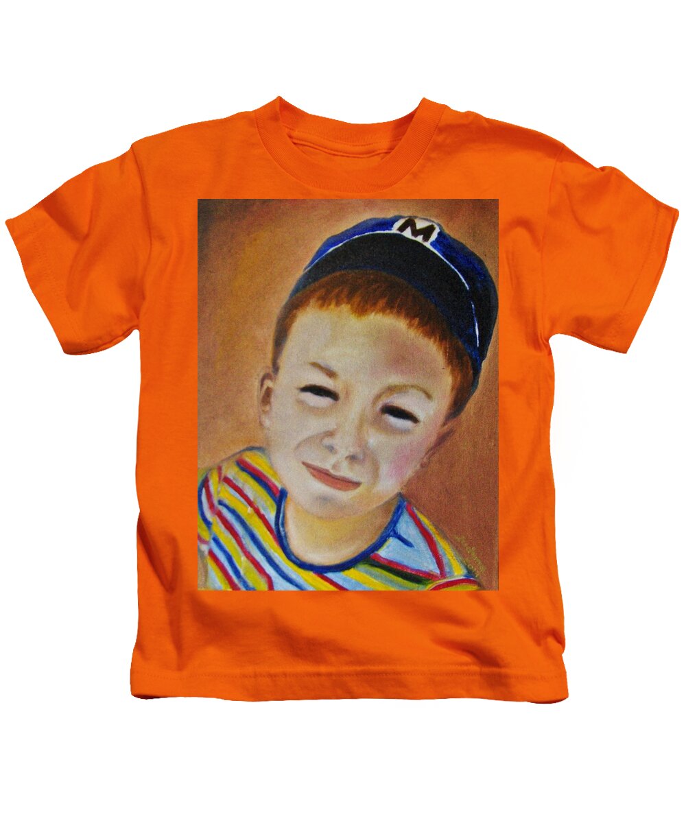 Art Kids T-Shirt featuring the painting Boy With A Cap by Ryszard Ludynia