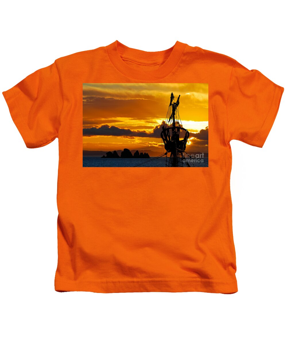 Saling Kids T-Shirt featuring the photograph Crows Nest Silhouette on Newfoundland Coast by Les Palenik