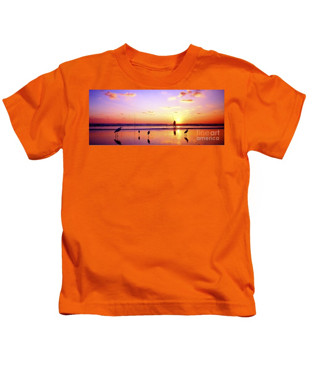Daytona Kids T-Shirt featuring the photograph Daytona Beach FL Surf Fishing and Birds by Tom Jelen