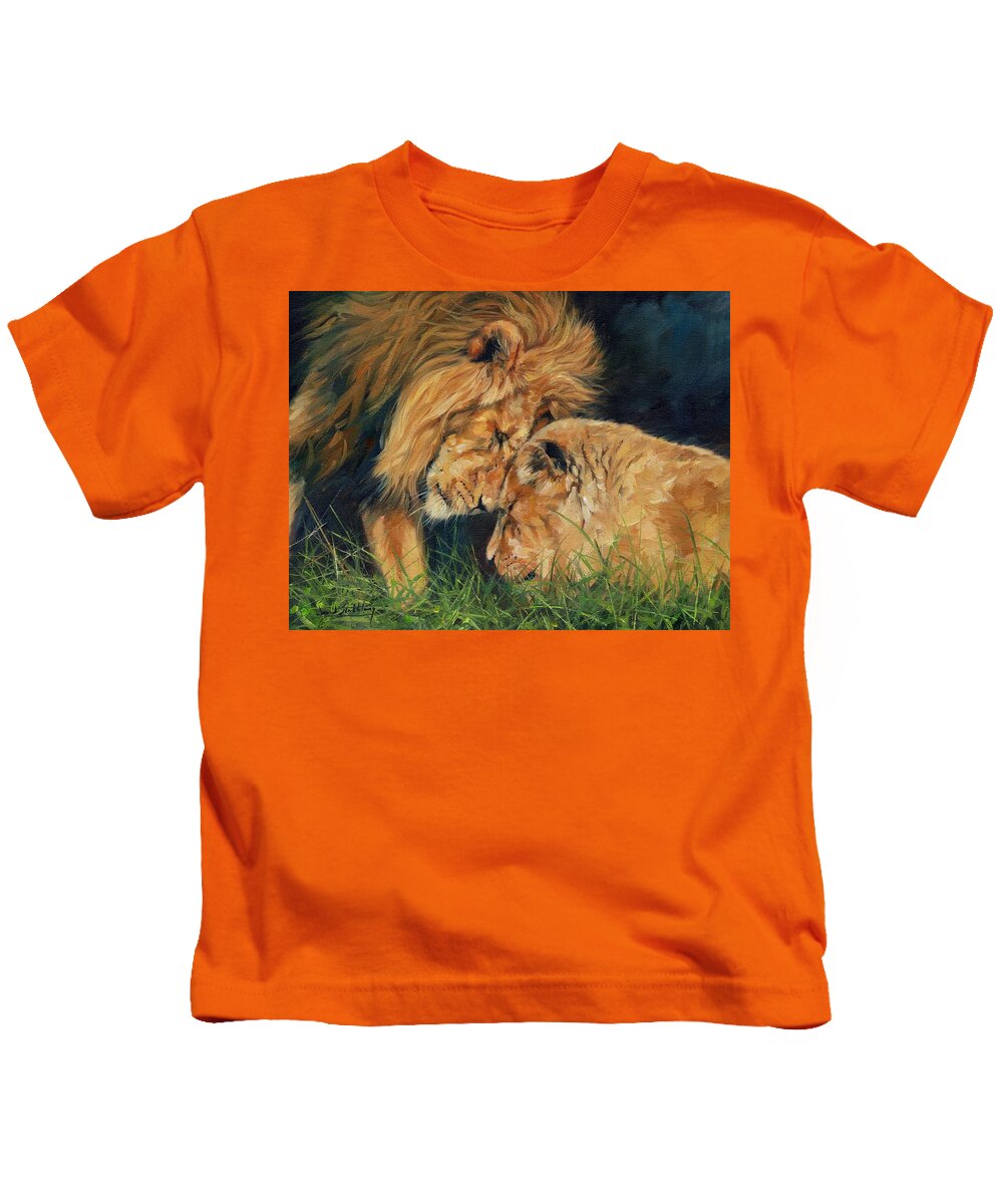 Lion Kids T-Shirt featuring the painting Lion Love by David Stribbling