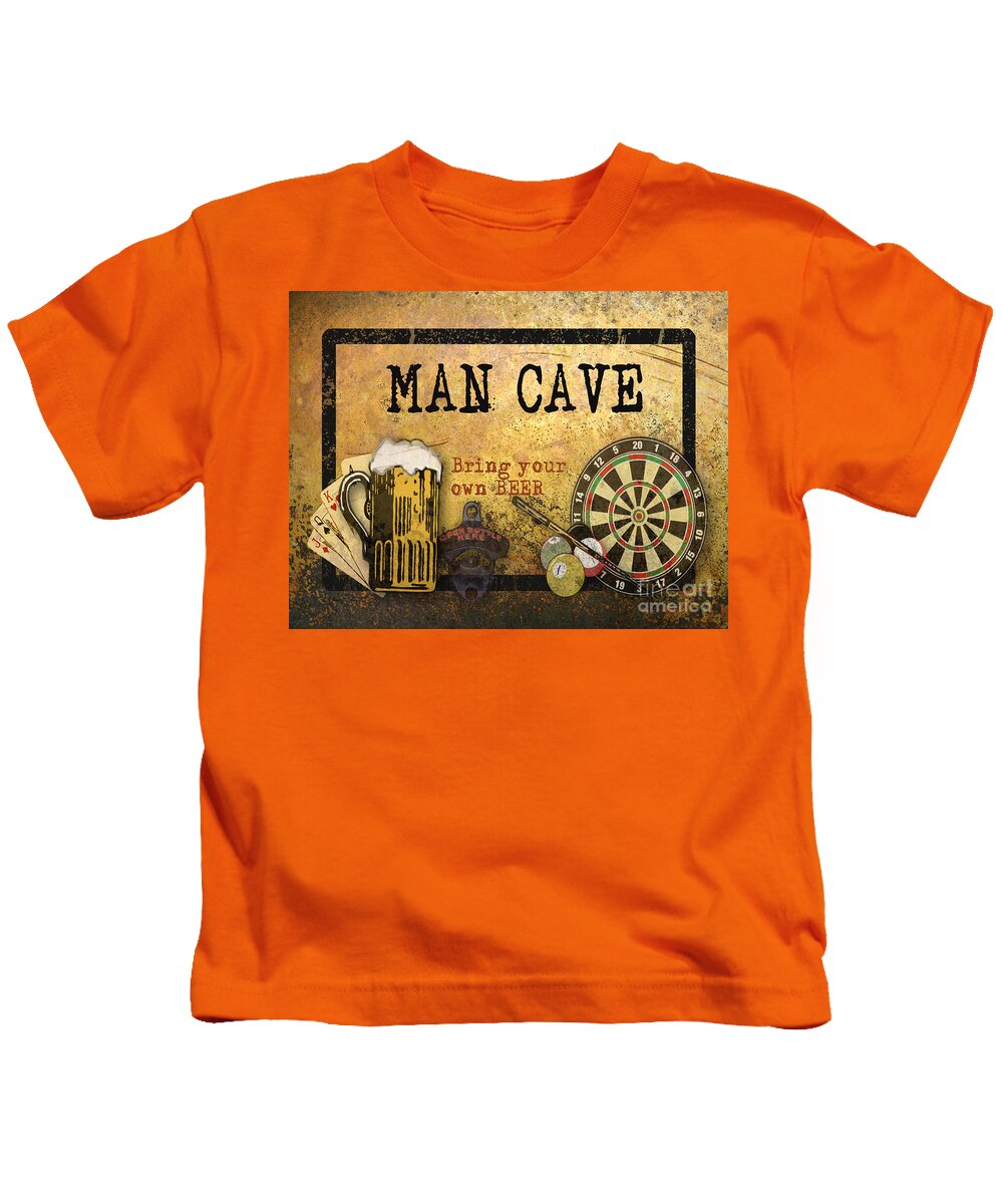 Jean Plout Kids T-Shirt featuring the digital art Man Cave-Bring your own Beer by Jean Plout