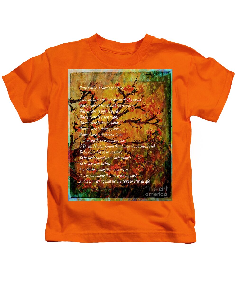 Prayer Of St. Francis Of Assisi And Cherry Blossoms Kids T-Shirt featuring the painting Prayer of St. Francis of Assisi and Cherry Blossoms by Barbara A Griffin