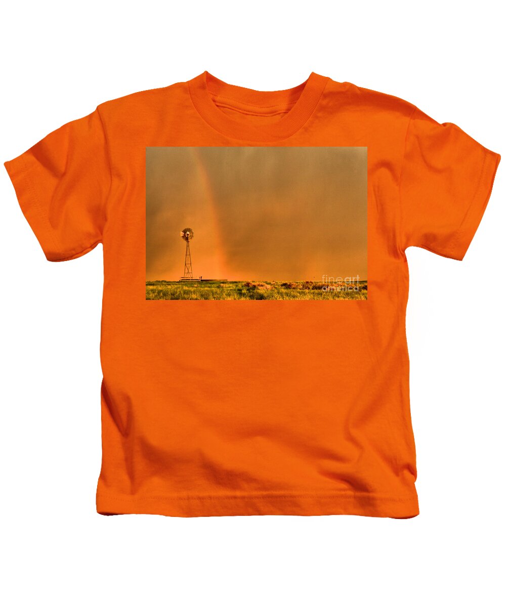 Landscape Kids T-Shirt featuring the photograph Rainbow and the Windmill by Steven Reed