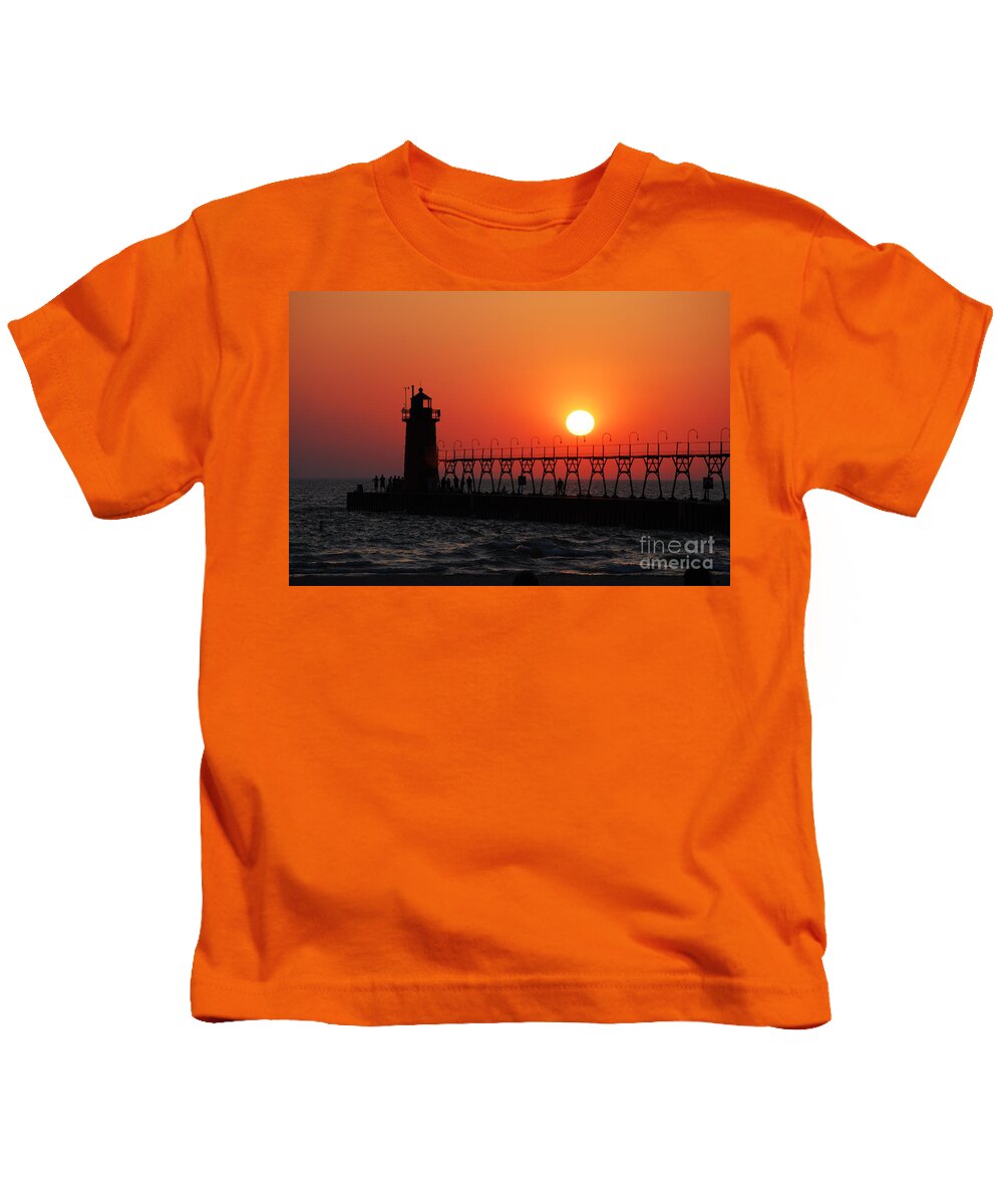 Sunset Kids T-Shirt featuring the photograph South Haven Lighthouse at Sunset 1 by Nancy Mueller