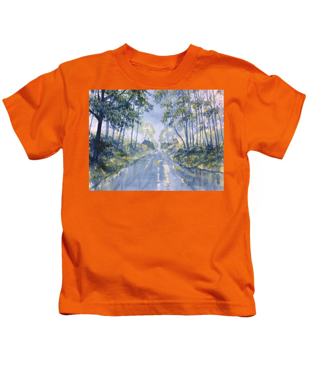 Glenn Marshall Kids T-Shirt featuring the painting Wet Road in Woldgate by Glenn Marshall