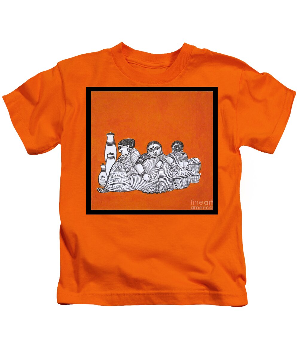 Women Hawkers-from Imagination Kids T-Shirt featuring the painting Women vendors in market by Asha Sudhaker Shenoy
