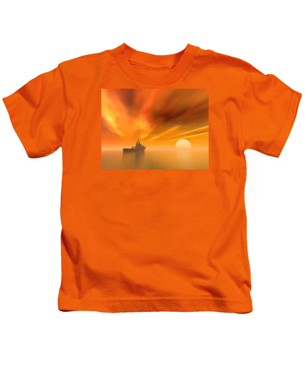 Ship Kids T-Shirt featuring the digital art Sailing towards the sun #2 by Erik Tanghe
