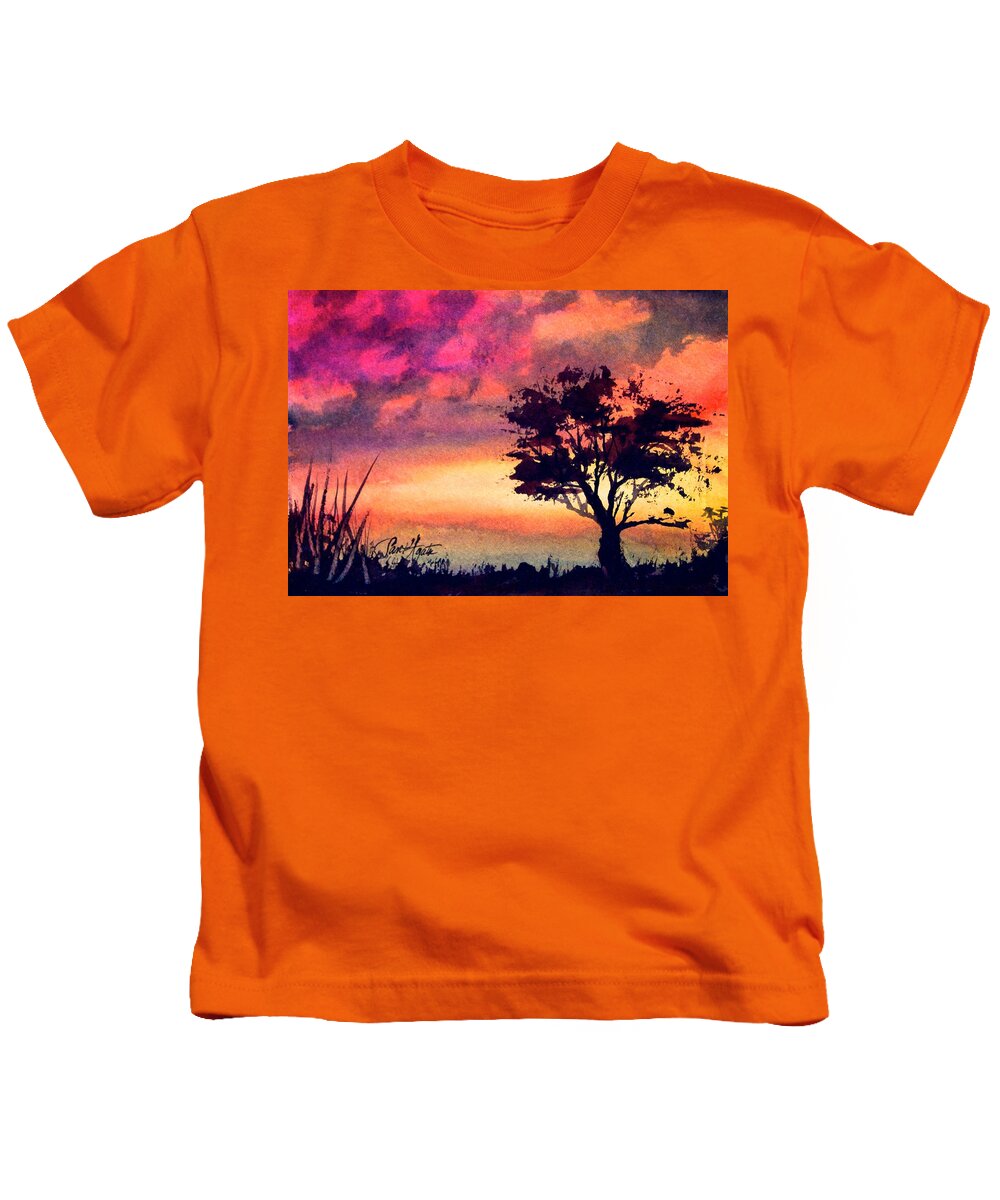 Red Kids T-Shirt featuring the painting Sunset Solitaire #1 by Frank SantAgata