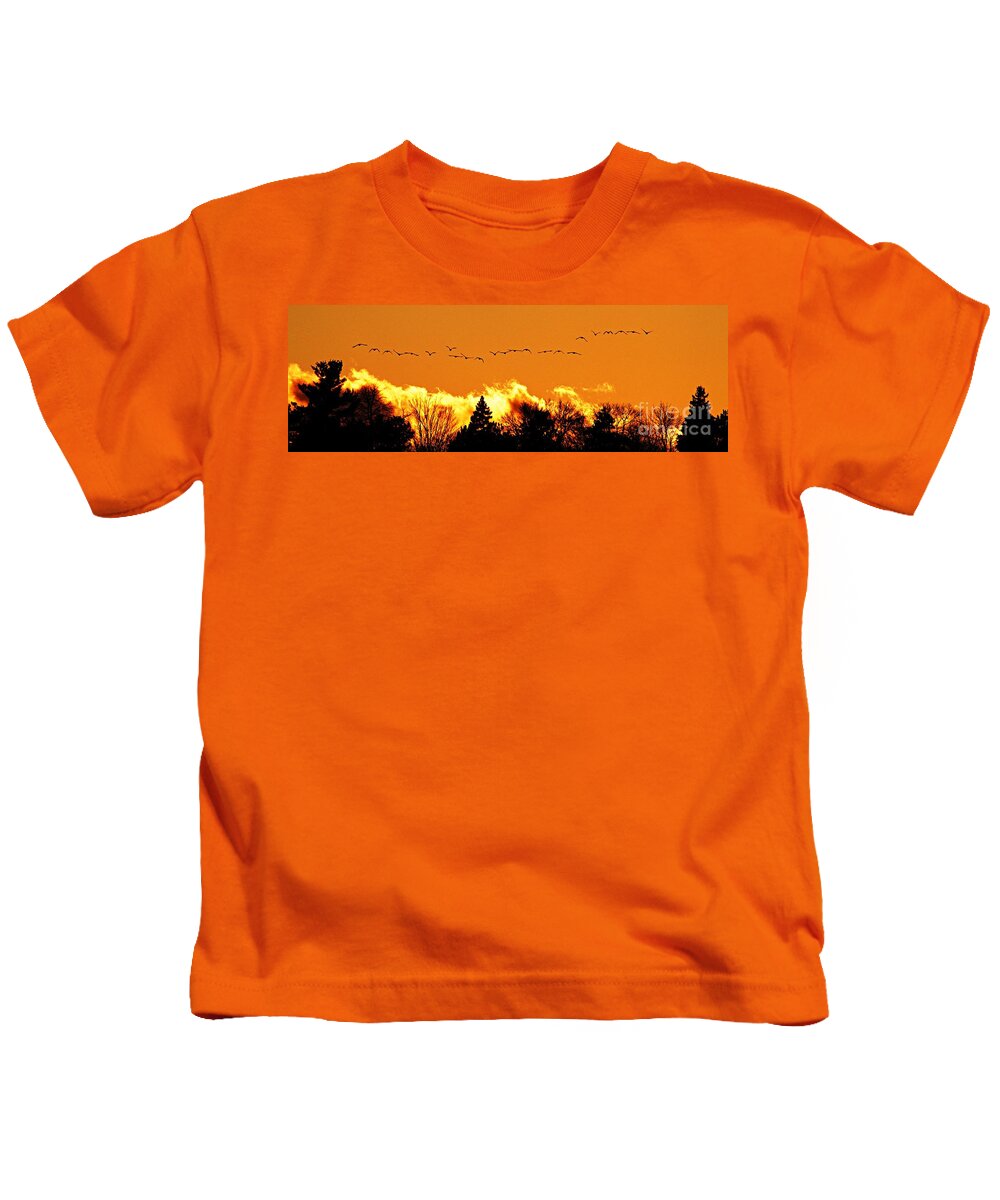 Photography Kids T-Shirt featuring the photograph Flock of Geese at Sunset - 2 by Larry Ricker
