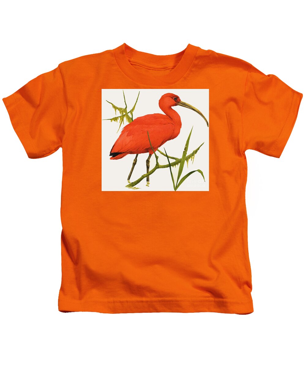 A Scarlet Ibis Kids T-Shirt featuring the painting A Scarlet Ibis from South America by Kenneth Lilly