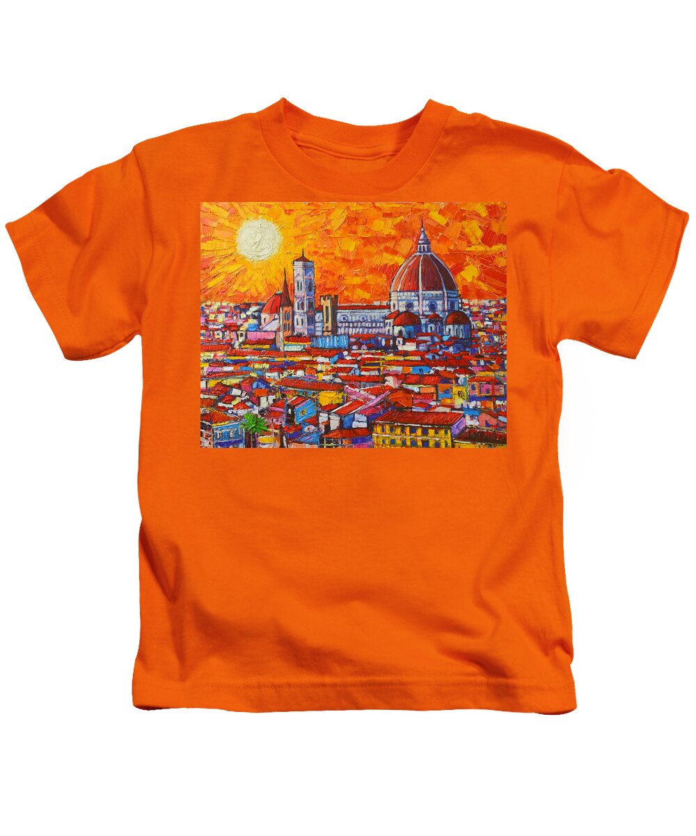 Italy Kids T-Shirt featuring the painting Abstract Sunset Over Duomo In Florence Italy by Ana Maria Edulescu