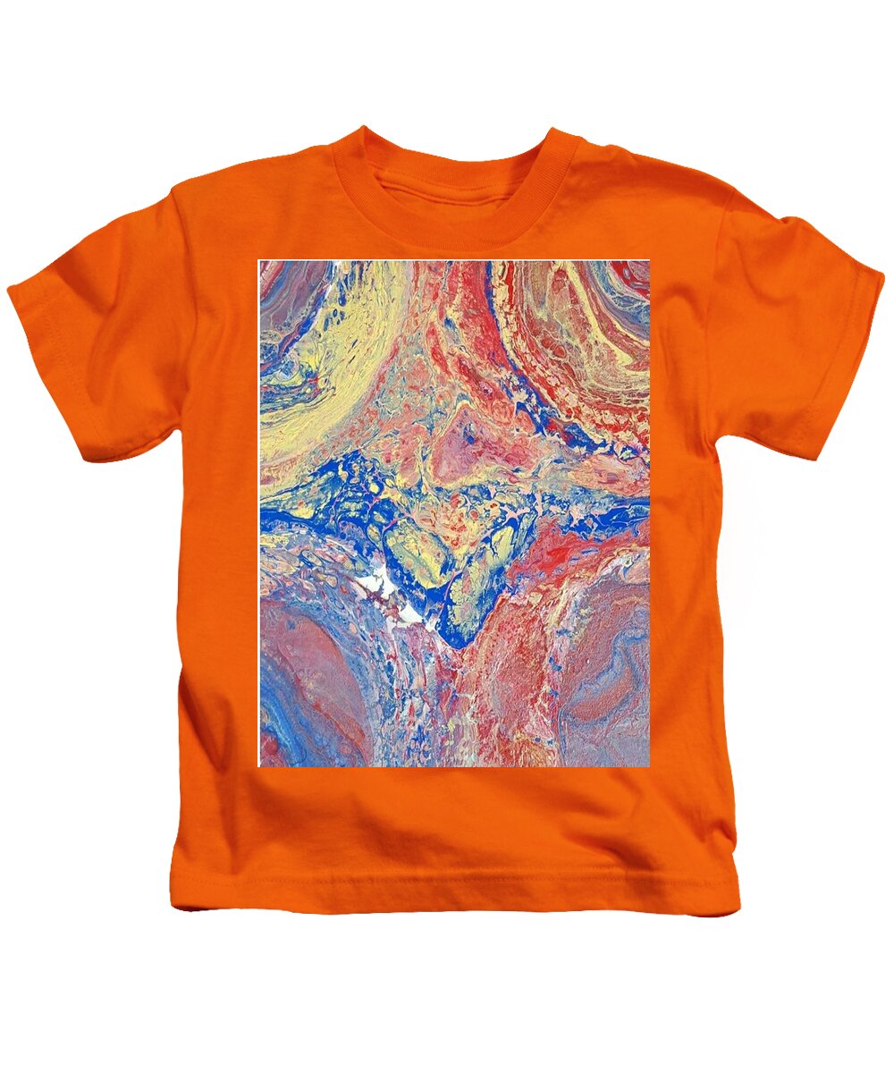 #acrylicdirtypours #acrylicpaintings #carylicswithbluesredyellow #coolart #sugarplumtheband #acrylicart #acrylicwithcoolcolors #abstractartforsale #camvasartprints #originalartforsale #abstractartpaintings Kids T-Shirt featuring the painting Acrylic Dirty Pour using blue red and yellow by Cynthia Silverman