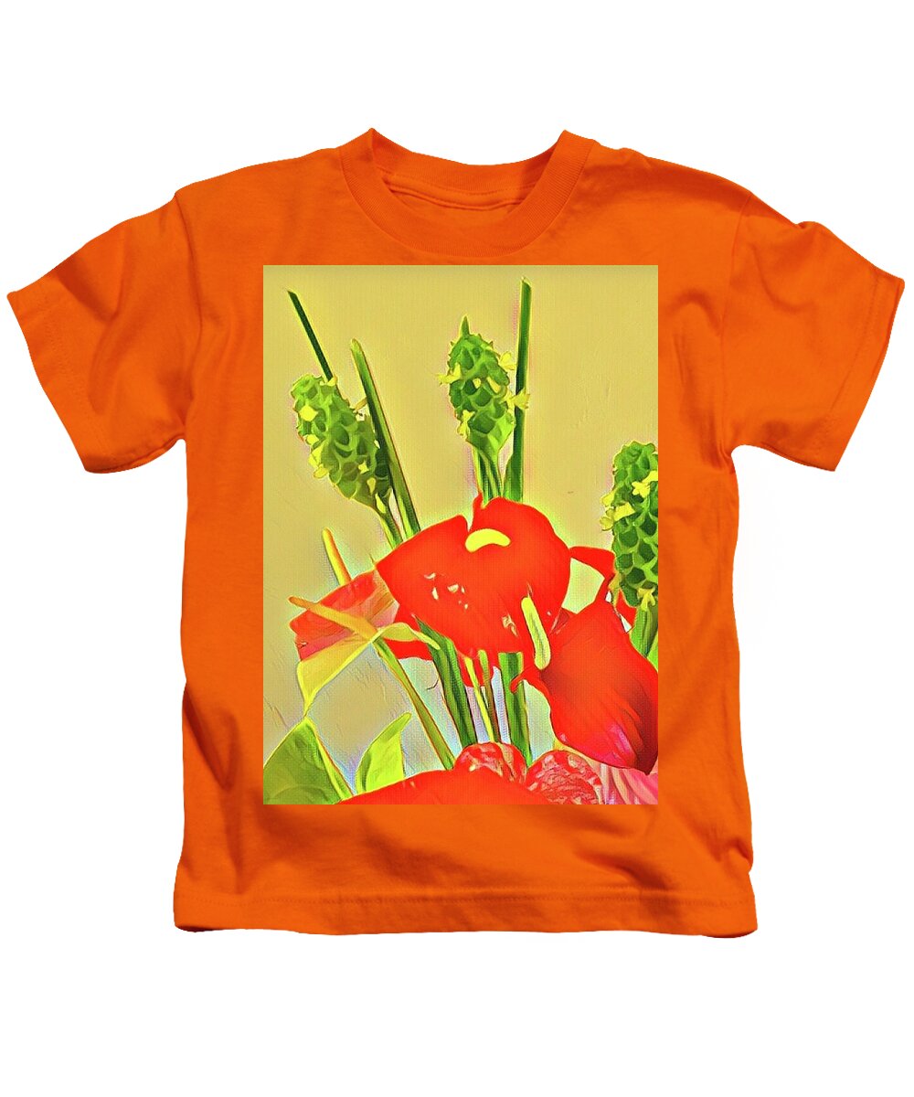 #alohabouquetoftheday #flowersofaloha #anthuriums #redandgreen Kids T-Shirt featuring the photograph Aloha Bouquet of the Day -- Red Anthuriums with Green Ginger, a portion by Joalene Young