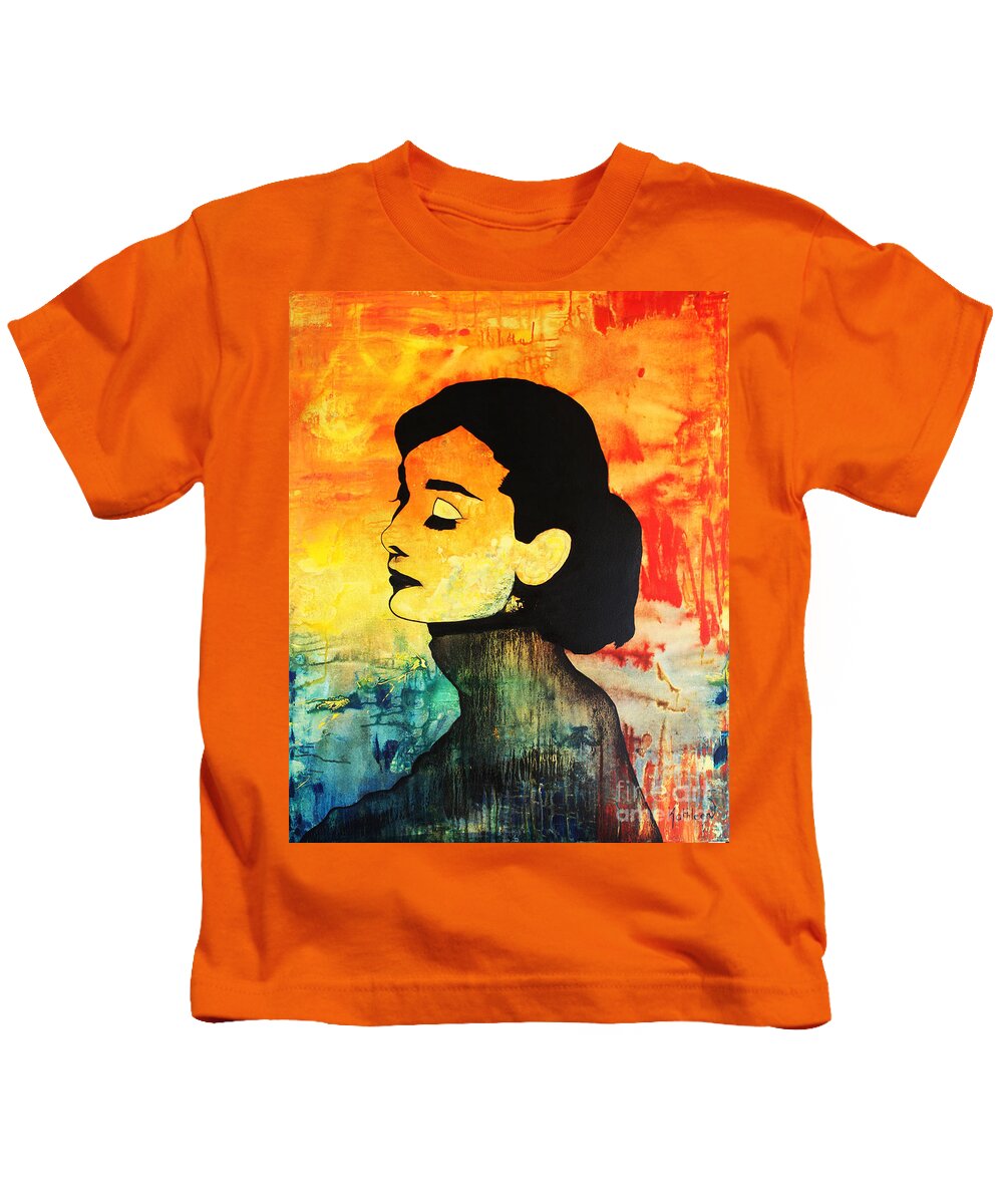 Audrey Hepburn Kids T-Shirt featuring the painting AUDREY HEPBURN / Sun by Kathleen Artist PRO