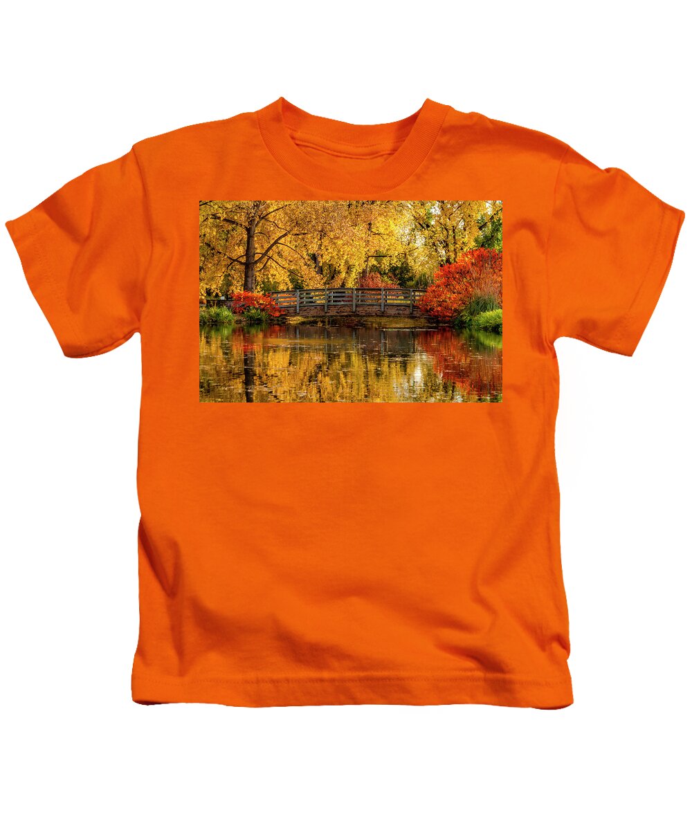 Hudson Gardens Kids T-Shirt featuring the photograph Autumn Color by the Pond by Teri Virbickis
