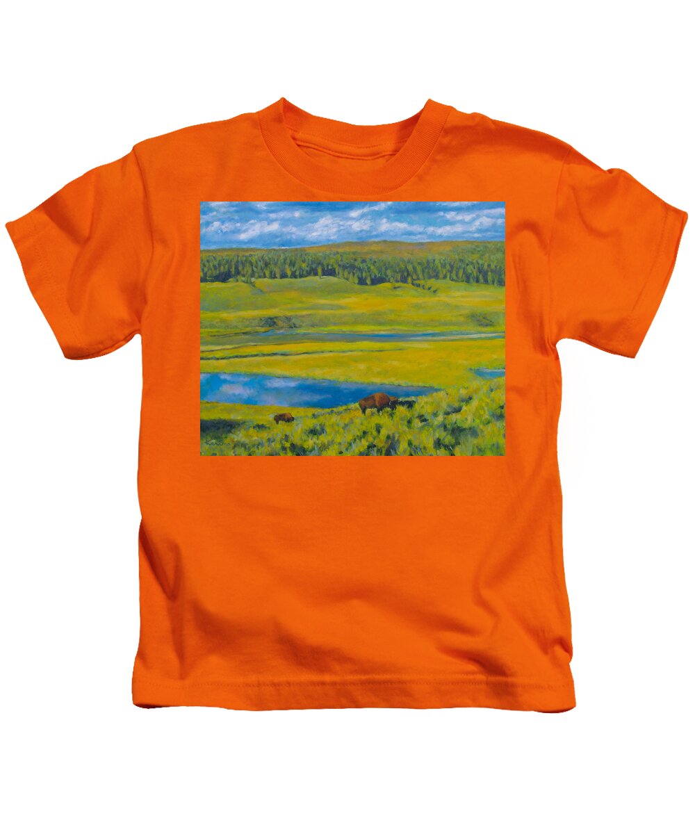 Yellowstone Kids T-Shirt featuring the painting Bison Grazing in Yellowstone by Kerima Swain