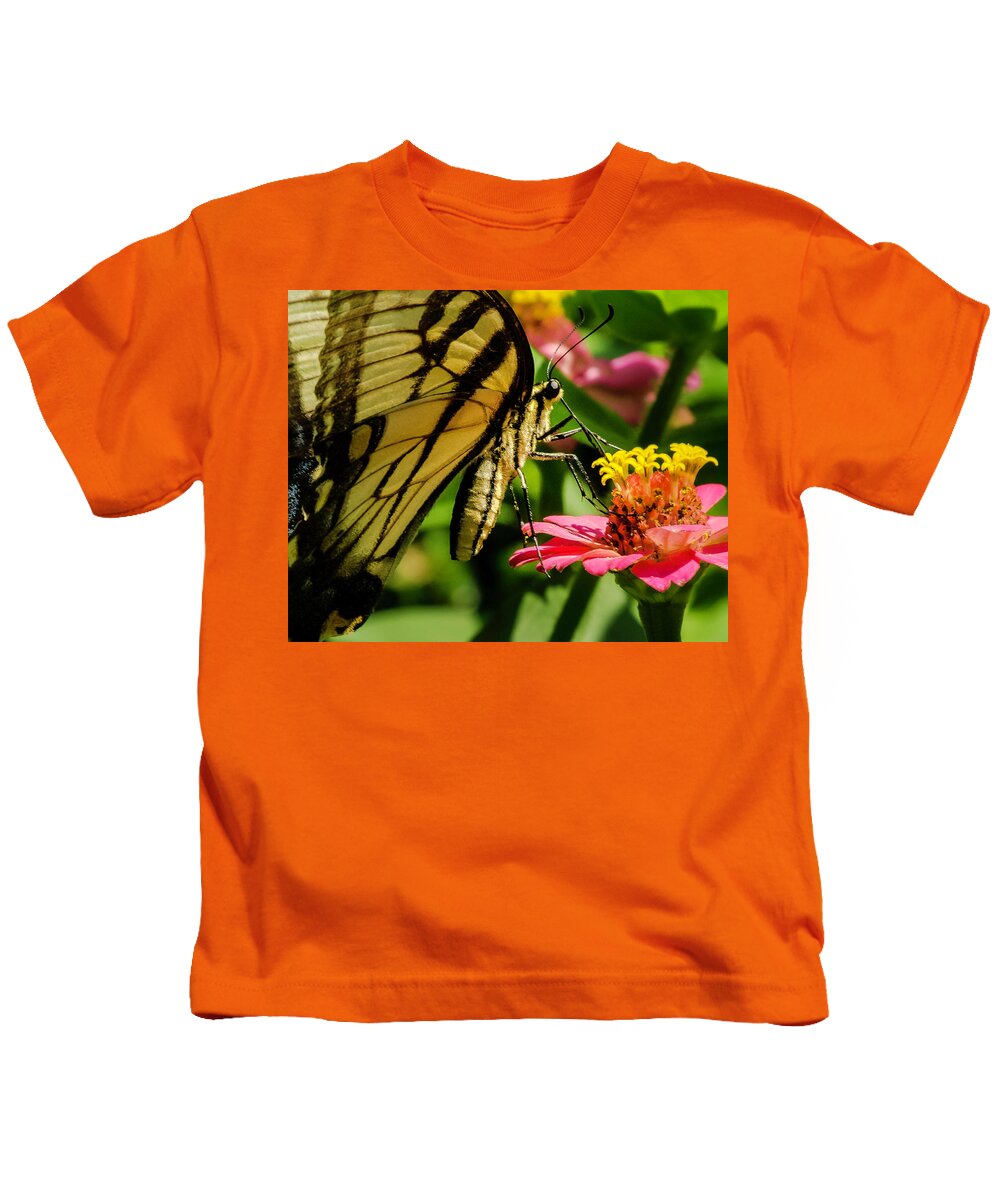 Butterfly Kids T-Shirt featuring the photograph Butterfly and Zinnia by John Roach