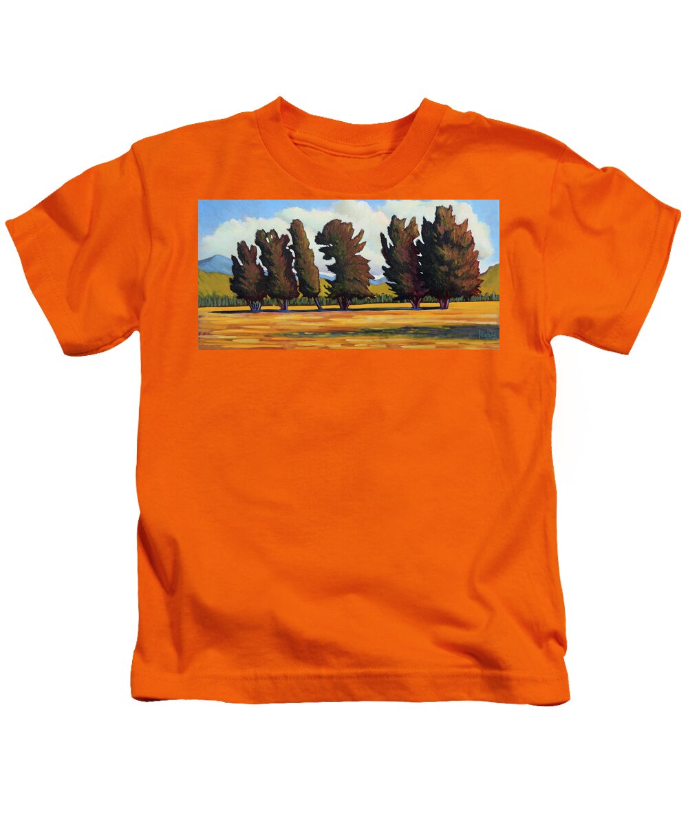 Fairfield Idaho Kids T-Shirt featuring the painting Fairfield Tree Row by Kevin Hughes