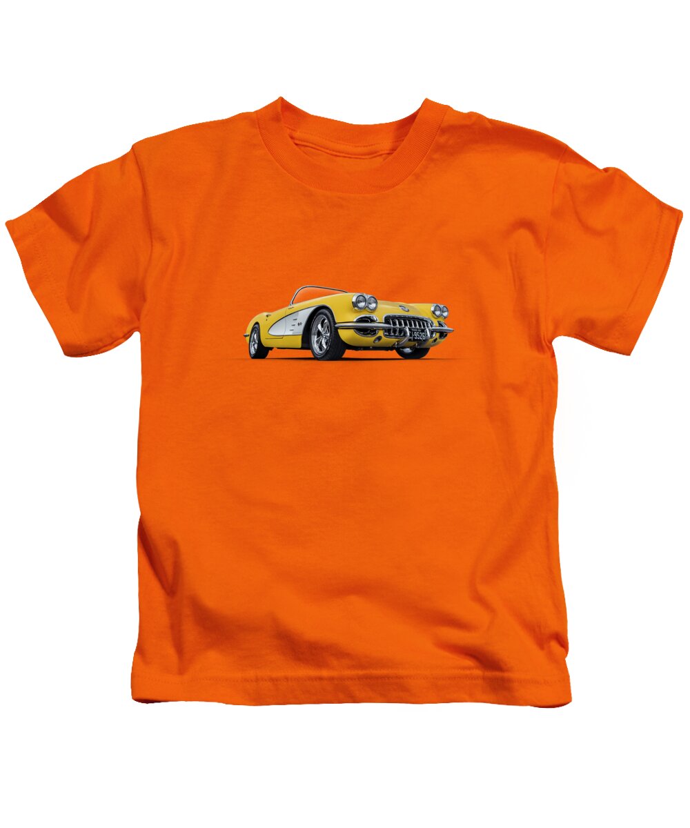 Corvette Kids T-Shirt featuring the digital art 1960 Yellow and White Corvette Convertible by Douglas Pittman