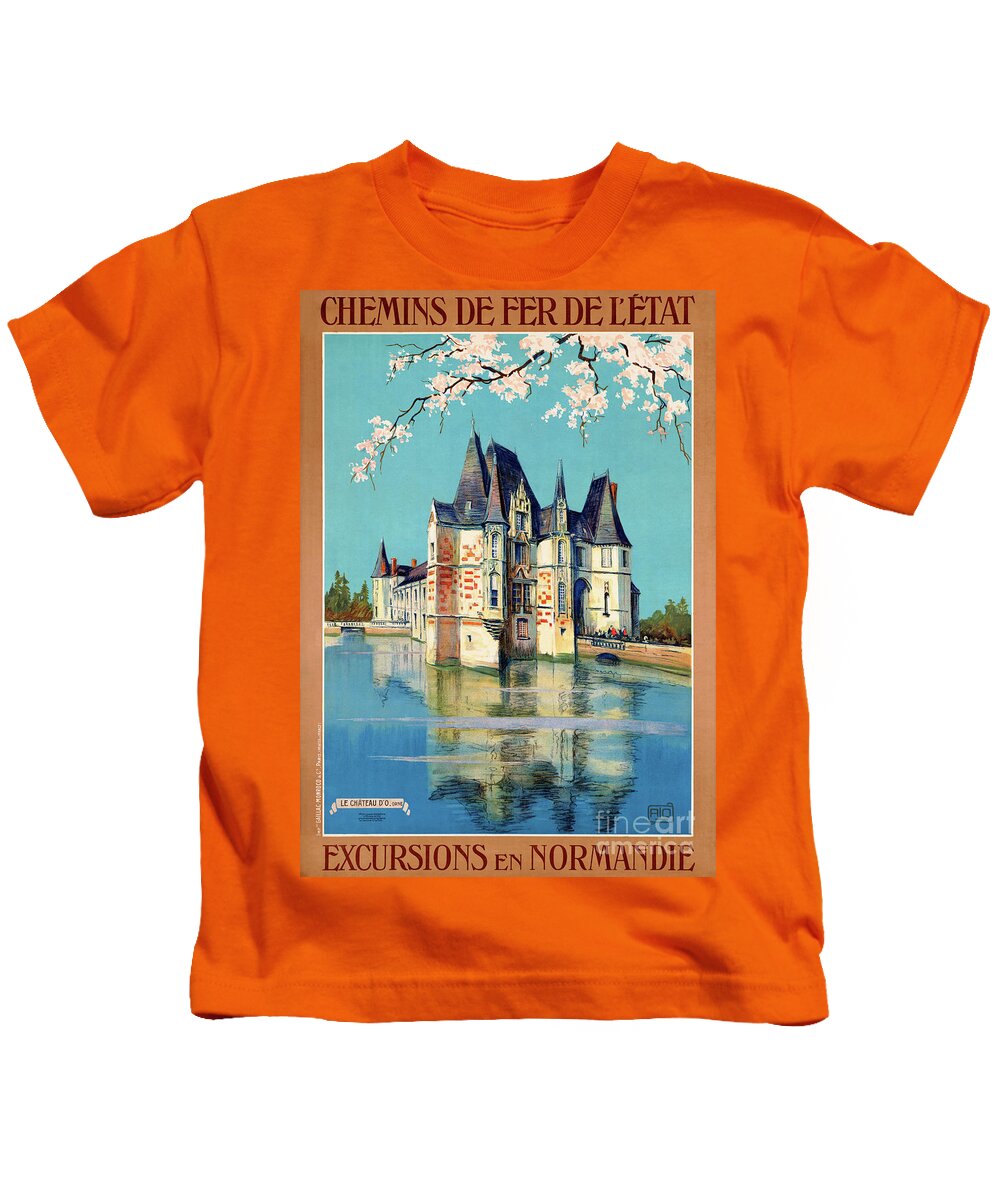  Vintage Kids T-Shirt featuring the mixed media France Normandy Vintage Poster 1930 by Vintage Treasure