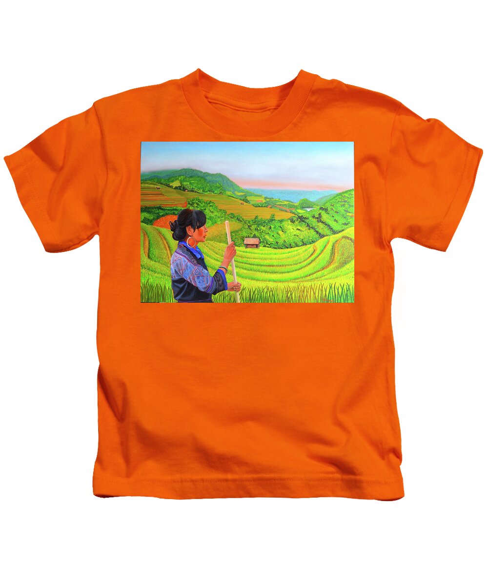 Black Hmong Kids T-Shirt featuring the painting Green Destiny by Thu Nguyen